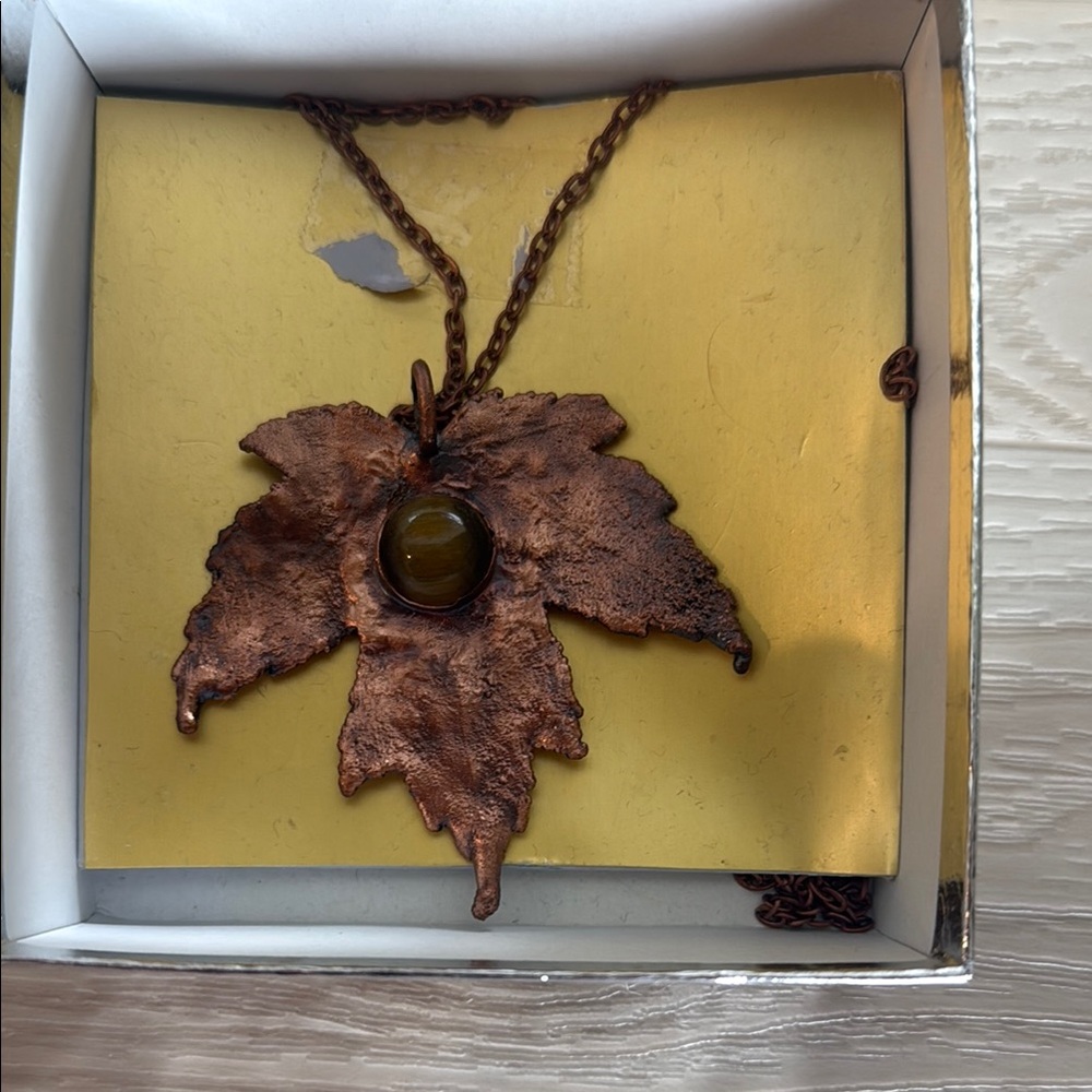 Copper Leaf with Tigers Eye stone Pendant Necklace